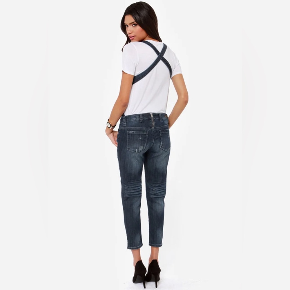 Blank NYC Crossover Distressed Denim Overalls Size 30 Medium Wash Zip Accent - Picture 2 of 16